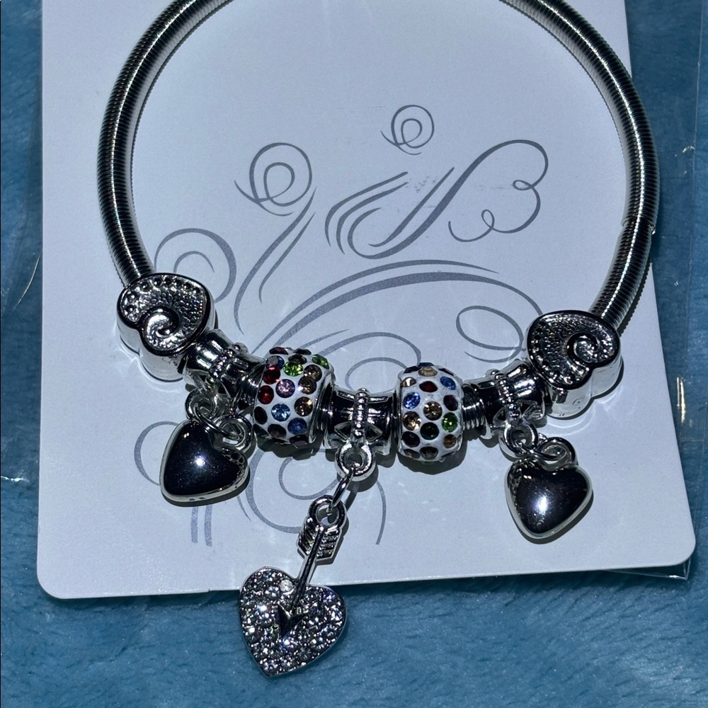 Silver Bracelet with Heart and Multicolored Bead Charms - Picture 2 of 3